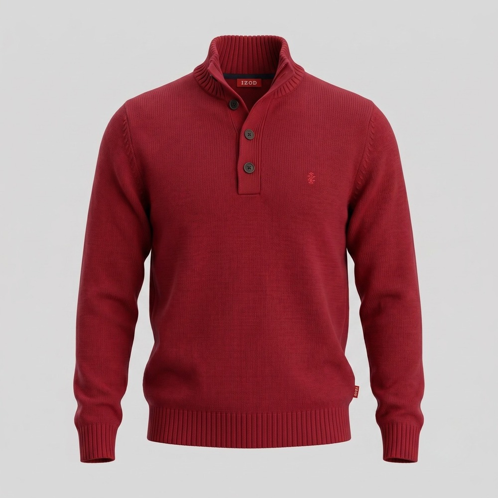 IZOD Mens S Red Sweater Quarter Button Mock Neck Cotton Blend Ribbed Pullover
